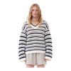 White And Black Stripe Sweater With V Neck In Cotton Woman