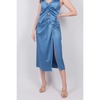 Draped Midi Wrap Skirt in Blue Satin