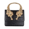 Black Snake-Embossed Leather Shoulder Bag with Crystal-Embellished Tiger Handle