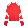 Red Merino Wool Jersey with Contrast Motifs and Distressed Edges