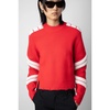 Red Merino Wool Jersey with Contrast Motifs and Distressed Edges