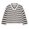 White And Black Stripe Sweater With V Neck In Cotton Woman