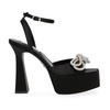 Black Satin High Heel Sandals with Rhinestone Bow