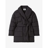 Shawl-collar belted-waist quilted shell puffer