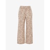 Palm-print elasticated-waist linen-blend trousers