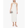 Crystal-feather one-shoulder stretch-woven midi dress