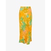 Palm floral-print button-embellished woven midi skirt