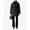 Shawl-collar belted-waist quilted shell puffer