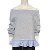 off the shoulder sweatshirt in grey, blue and white pinstripe