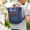 Leather Trim Top Zip Backpack - Blue