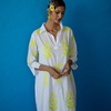 Long Tourist Dress White With Lime Embroidery Cotton White