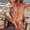 satin side slit button down shirt in sunset stripes