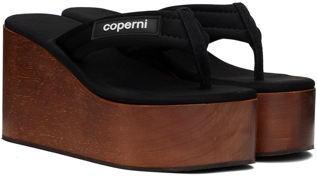 Black Wooden Branded Wedge Sandals