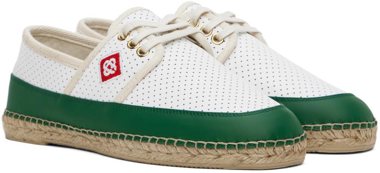 White & Green Perforated Leather Classic Espadrilles