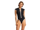 Cap Sleeve Zip Front One-Piece Swimsuit