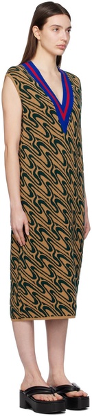 Tan & Green Jacquard Midi Dress