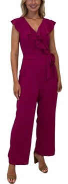 ruffle wrap jumpsuit with sash in fuschia