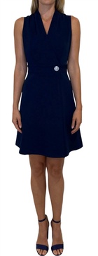 pleated neck wrap dress in navy