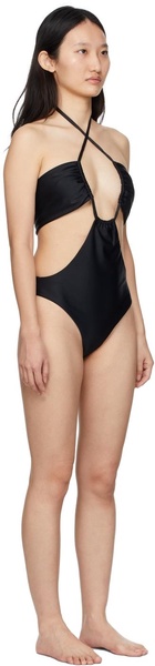 Black Drawstring Bandeau One-Piece Swimsuit