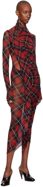 Red & Black Distorted Tartan Midi Dress