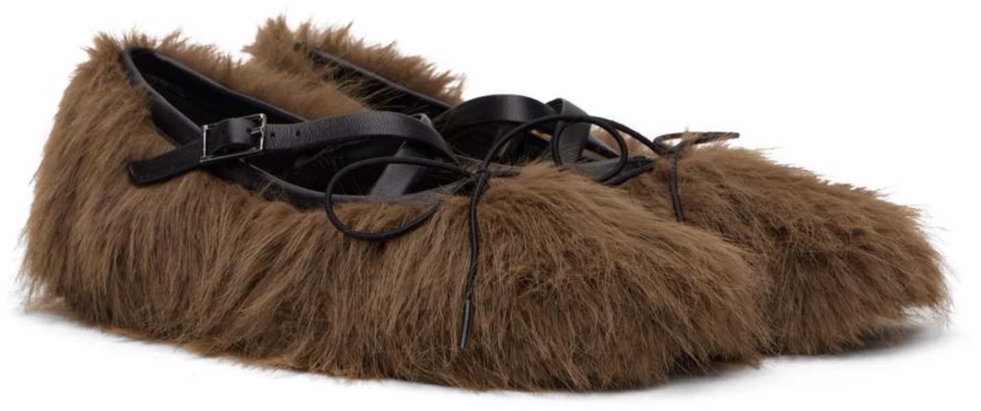 Brown Faux Fur Criss Cross Ballerina Flats