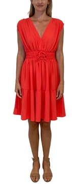 elastic waist tie surplice flounce dress in hot coral