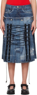 Blue Trompe L'œil Pleats Midi Skirt