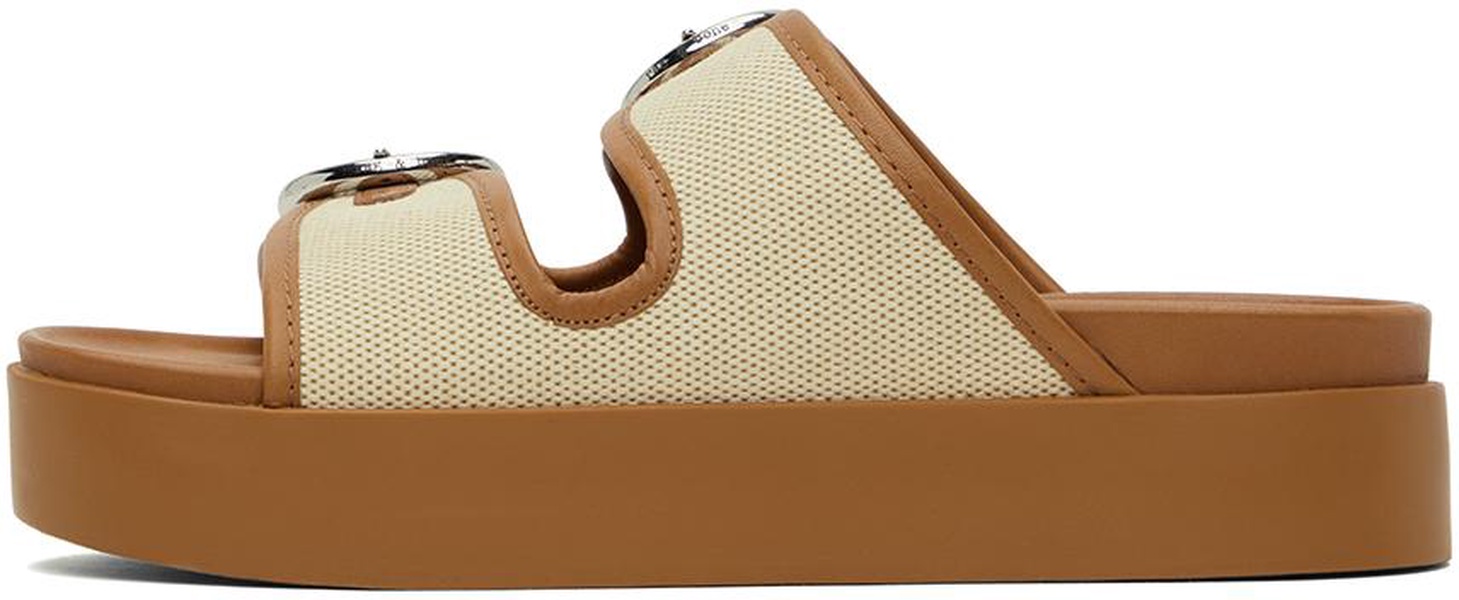 Off-White & Tan Geo Buckle Platform Slides