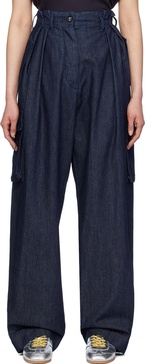 Indigo Pleated Denim Cargo Pants