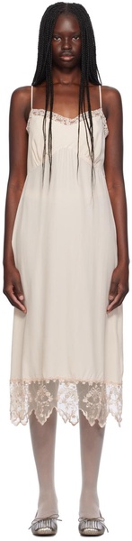 Beige Deep Lace Trim Slip Midi Dress