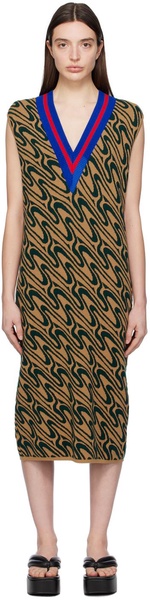 Tan & Green Jacquard Midi Dress