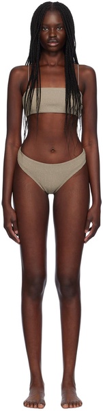 Taupe Smocked Mid-Rise Bikini