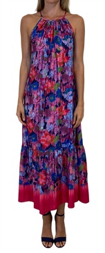 a-line halter tiered maxi dress in pink/violet multi