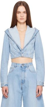 Blue Hooded Cropped Denim Jacket