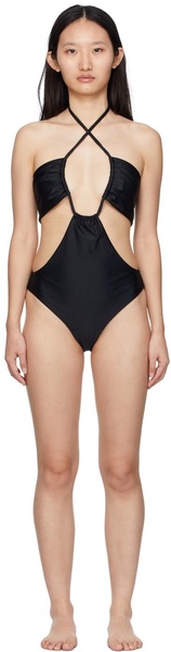 Black Drawstring Bandeau One-Piece Swimsuit