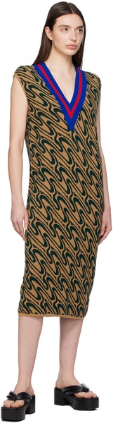 Tan & Green Jacquard Midi Dress