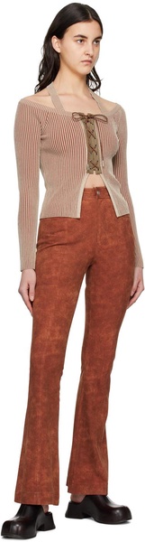 Orange Paneled Faux-Leather Trousers