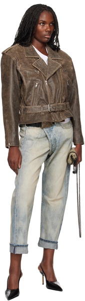 Brown Exaggerated Shoulder Motorcycle Leather Jacket