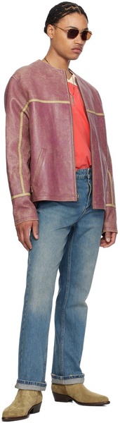 Purple Round Neck Leather Jacket