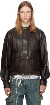 Brown Quilted Bomber Leather Jacket