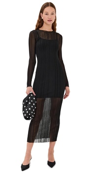 Sheer Plissé Long Sleeve Dress