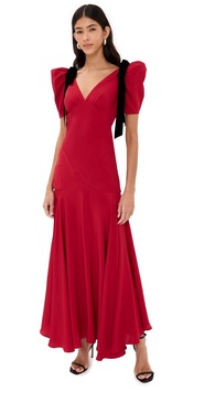 Red Short Sleeve Silk Crepe Bias Dress With Black Velvet Bows