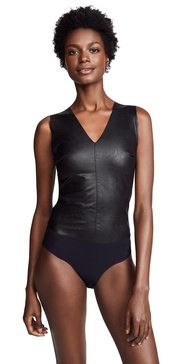 Faux Leather V Neck Bodysuit