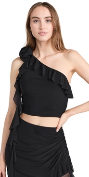 Kellon Rosettte One Shoulder Ruffle Crop Top