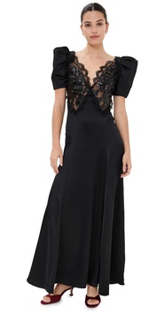 Black Silk Satin Puff Sleeve Dress With Sequin Detail