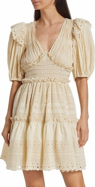 women marley pleated smocked eyelet mini dress in cream