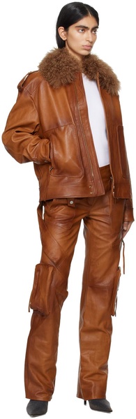 Brown Detachable Collar Leather Jacket