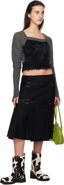 Black Twill Wool Kilt Midi Skirt