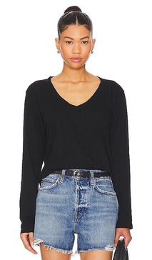 Long Sleeve Cotton Boxy V Neck Tee