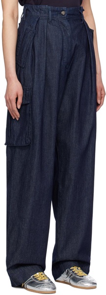 Indigo Pleated Denim Cargo Pants